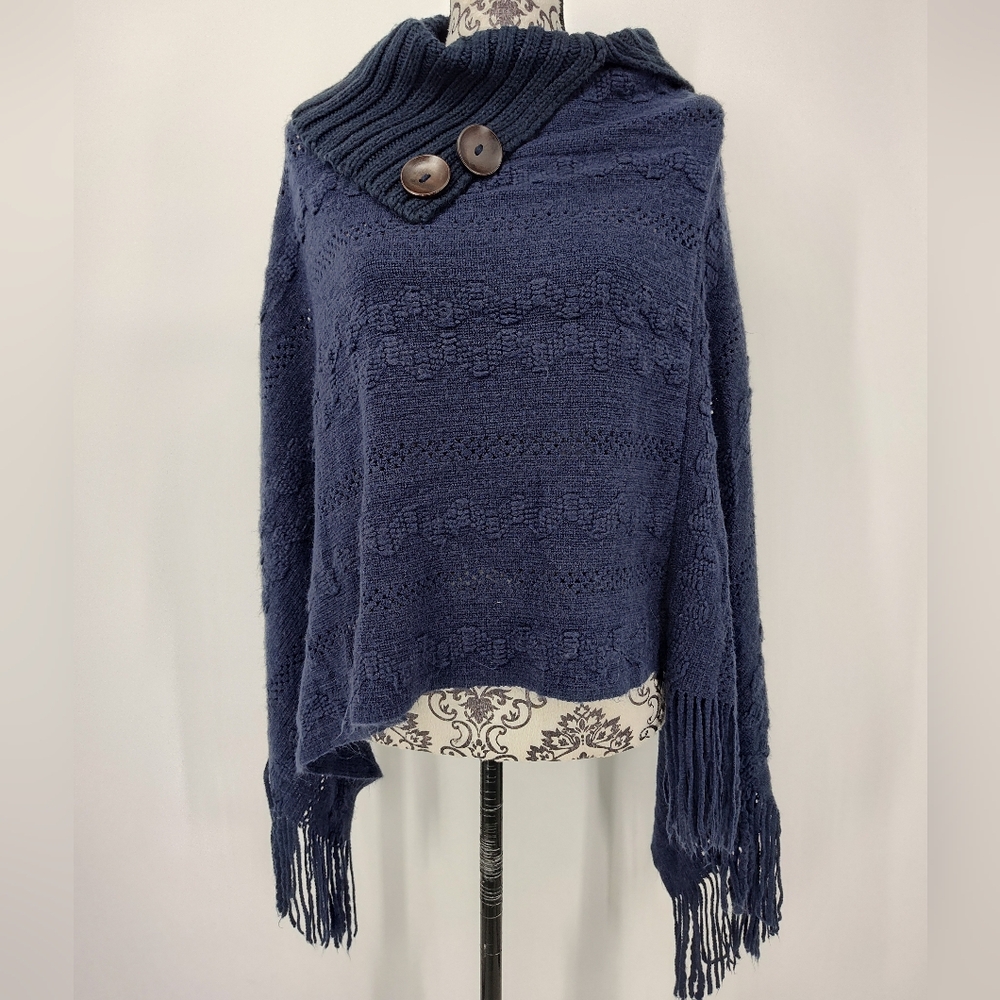 Navy Blue Women's Cowl Neck Sweater Poncho with Button Detail One Size